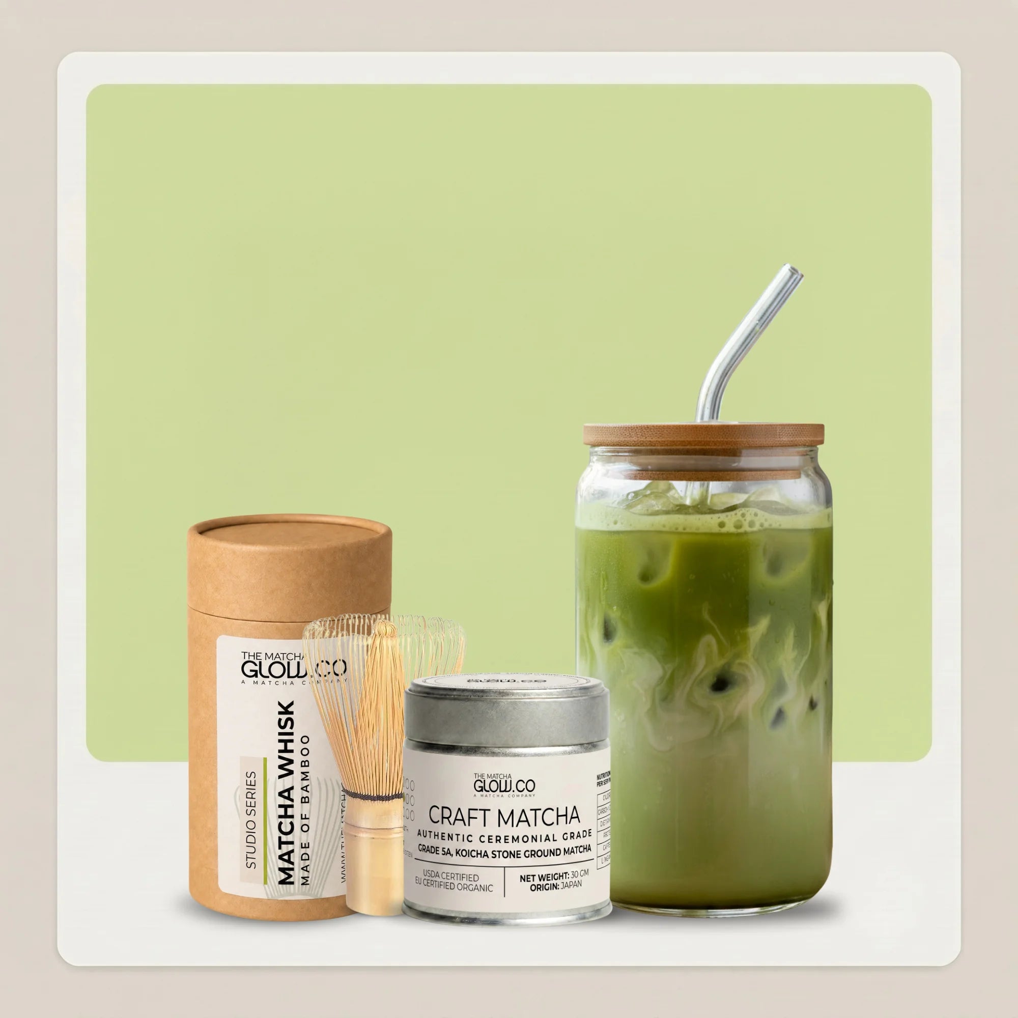 Matcha Glow Essential Bundles - Matcha, Whisk and Glass